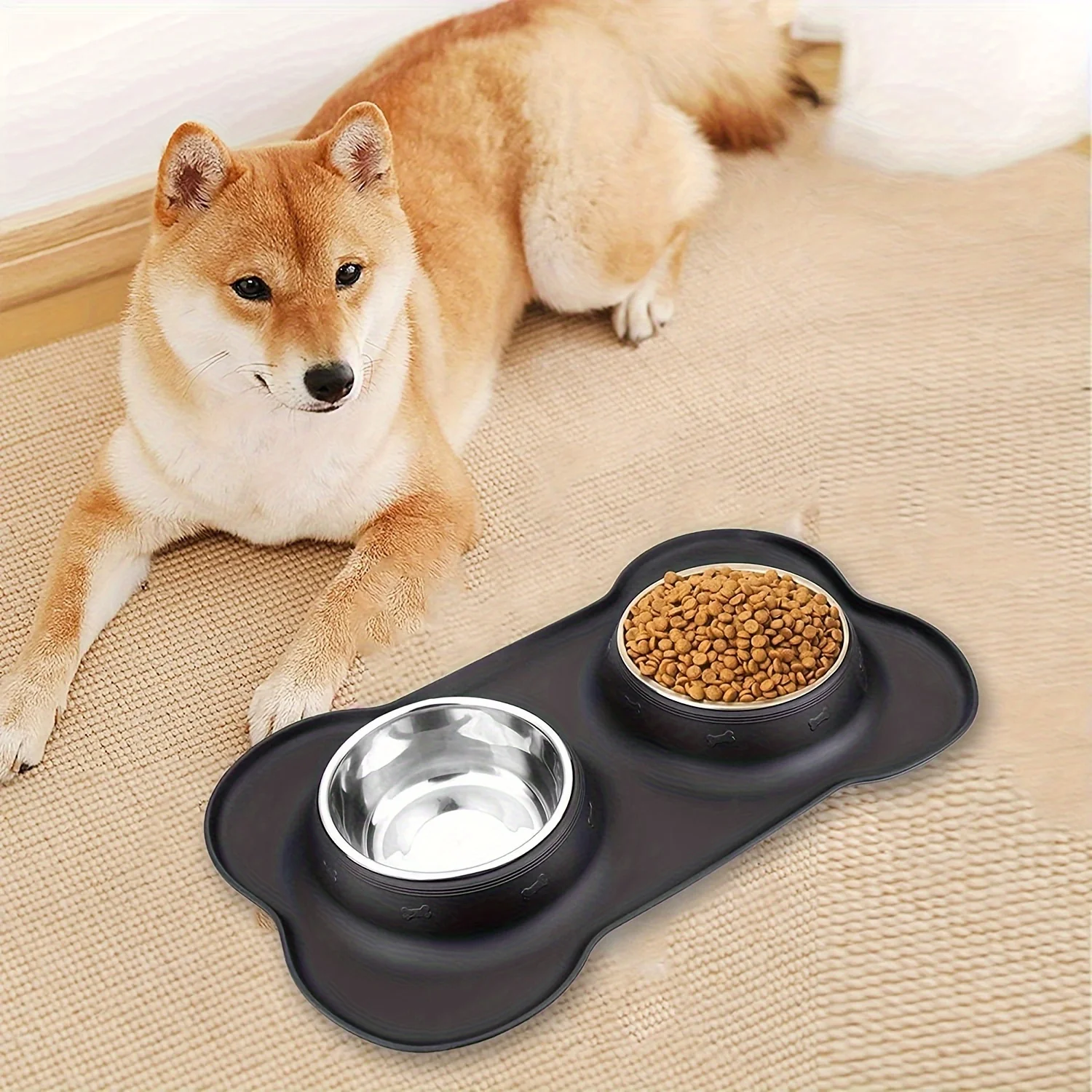 2-in-1 Dog Feeding & Watering Station, Thermoplastic Rubber Pet Bowl Mat with Stainless Steel Dual Bowls, Anti-Spill Pet Feeder, Includes Bowl Holder, Ideal for All Dog Breeds